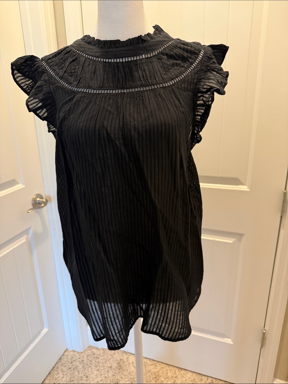 LOFT Black Ruffle Sleeve Sheer-Striped Blouse